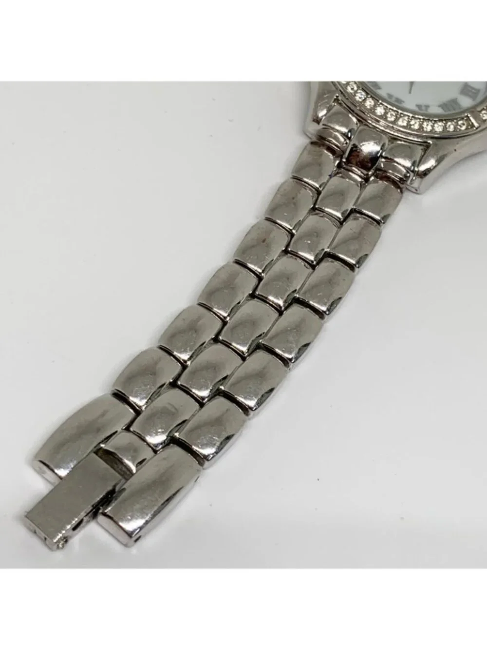Peugeot women’s silver tone watch 31mm mop dial rhinestones quartz 7” running